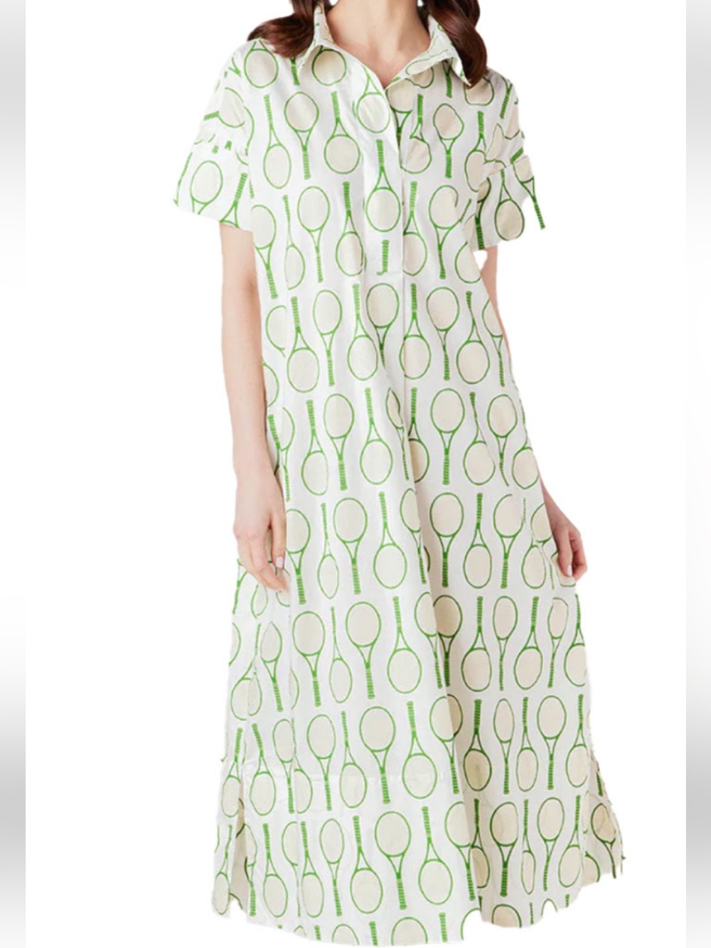 Women’s White & Green Tennis Print Maxi Swim Cover-Up Dress